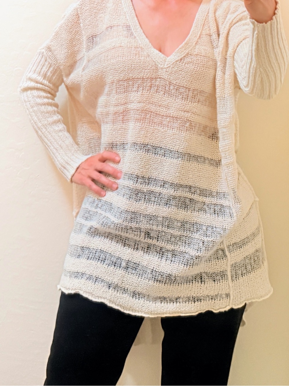 Free People Ivory Oversized Open Knit High Low Tunic Sweater V Neck, size M